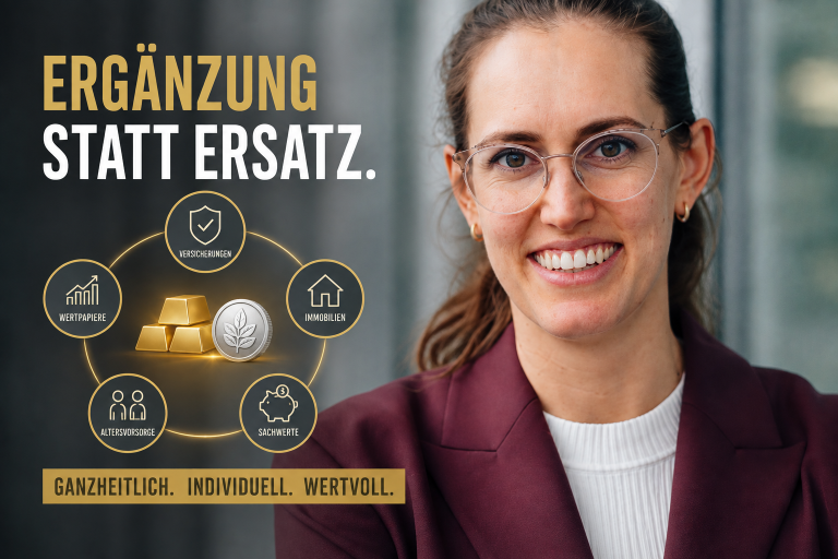 Frau mit Brille erklärt ergänzende Finanzberatung zu physischen Edelmetallen.