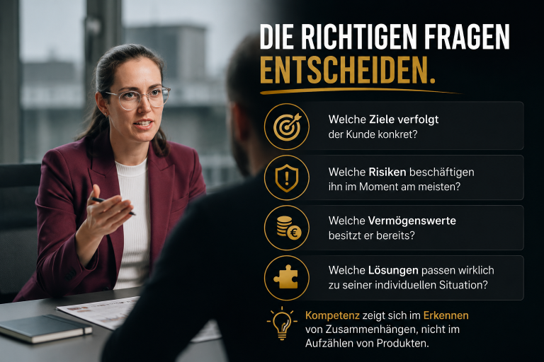 Beratungssituation mit einer Frau, die wichtige Fragen zur Kundenberatung stellt.