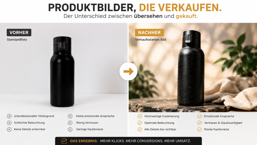 Vergleich von Produktbildern: vorher unscharfes Bild und nachher hochwertiges Produktbild.