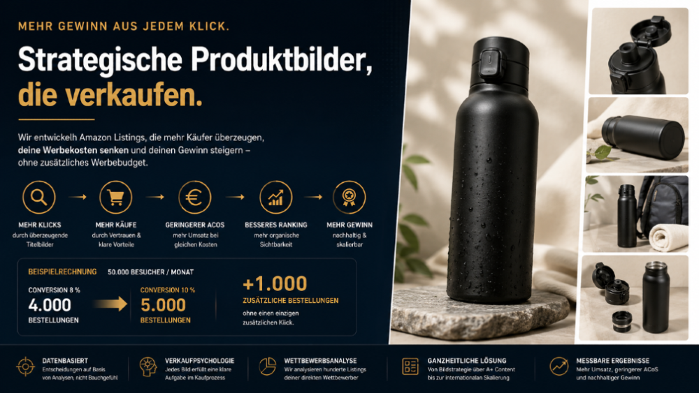 Strategische Produktbilder, die verkaufen, mit Fokus auf Flasche und Präsentation.