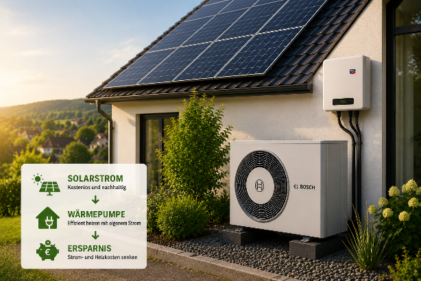 Solaranlage und Wärmepumpe als modernes Energiekonzept für Hausbesitzer.