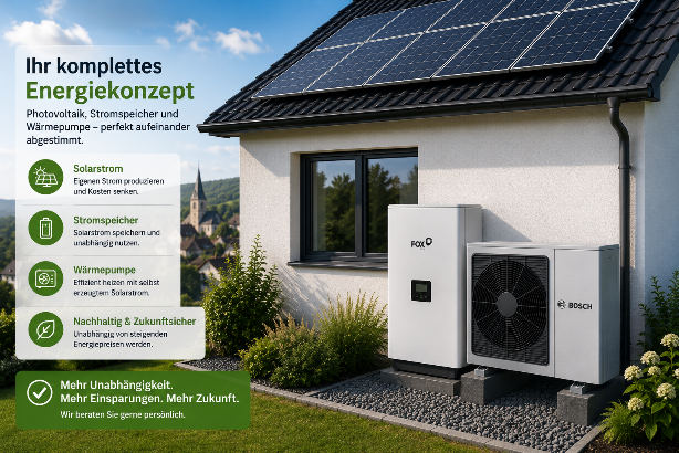 Photovoltaikanlage, Stromspeicher und Wärmepumpe als ganzheitliches Energiekonzept. Die Kombination ermöglicht mehr Eigenverbrauch, geringere Energiekosten und maximale Unabhängigkeit.