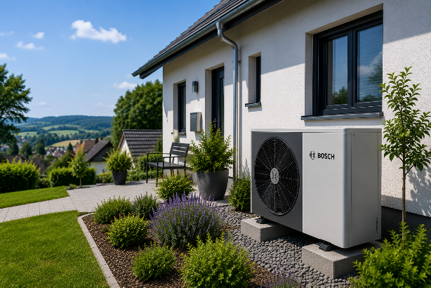 Moderne Wärmepumpe in Windhagen an einem Haus im Freien.