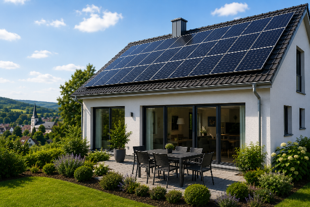 Modernes Haus in Windhagen mit Photovoltaikanlage auf dem Dach.