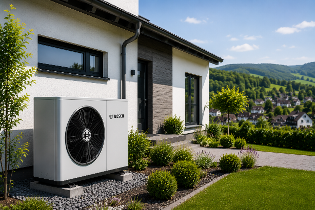 Moderne Wärmepumpe in Ruppichteroth auf der Terrasse eines Hauses.