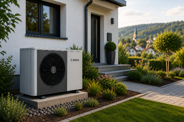 Moderne Wärmepumpe im Rhein-Sieg-Kreis vor einem Haus im Garten.