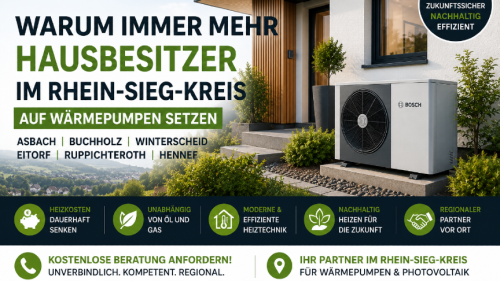 Moderne Bosch Luft-Wasser-Wärmepumpe an einem Einfamilienhaus im Rhein-Sieg-Kreis.