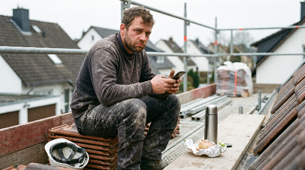 Ein Handwerker macht Pause auf dem Dach und schaut auf sein Handy während er isst.