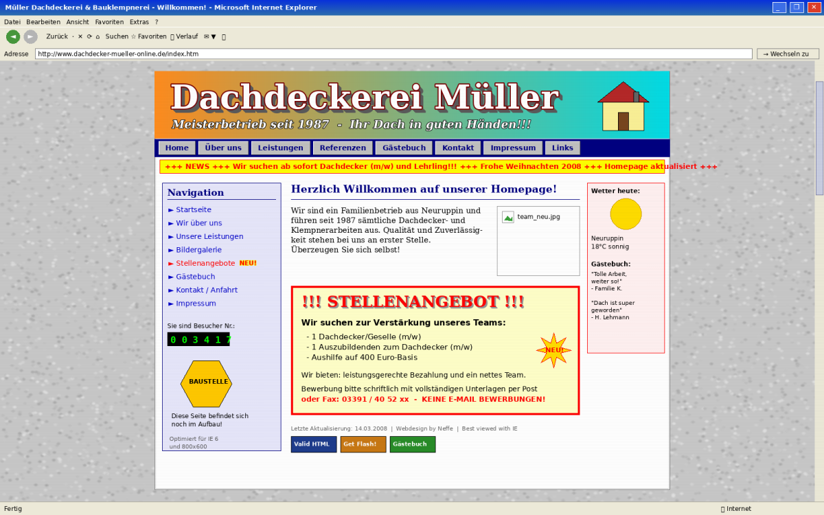 Beispielseite einer Dachdeckerei mit Stellenanzeige für Handwerk