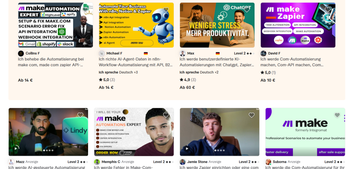 Für Agenturinhaber & Coaches mit Premiumanspruch selten zu empfehlen: Günstige, meist ausländische Dienstleister, welche man auf Fiverr finden kann. Quelle: Fiverr November 2025