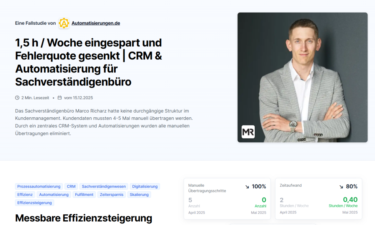 Eine unserer unzähligen Beweise, das wir es können. Für den Sachverständiger Marco Richarz haben wir Pipedrive vollständig eingerichtet und diverse Automatisierungen hinzugefügt. brZur ganzen Fallstudie: https://www.agenturmarkt.de/agentur/automatisierungen-de-augsburg/fallstudien/sachverstandigenburo-marco-richarz