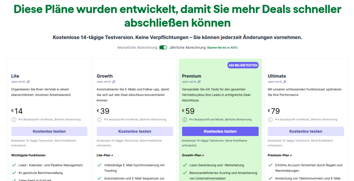 Die Preis-Übersicht von pipedrive.com, Stand Dezember 2025