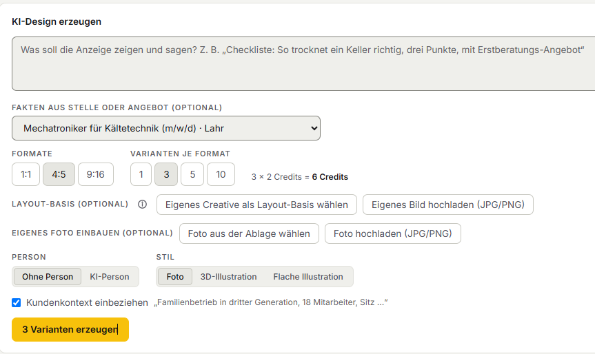 Eingabemaske eines KI-Creatives-Generators mit Feldern für Kundendaten, Format und Layout-Auswahl.