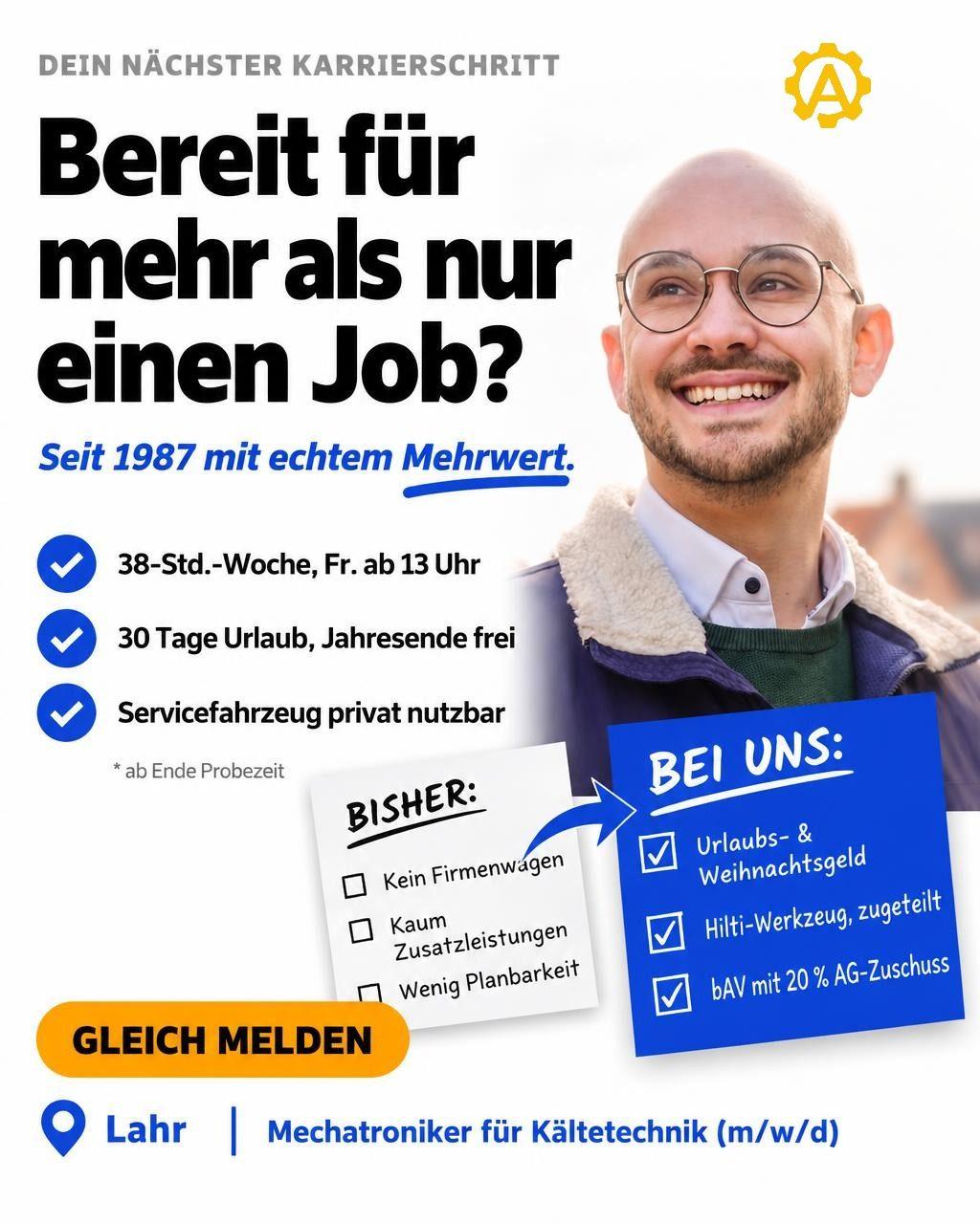 KI-Creative für eine Kältetechnik-Stellenanzeige mit lächelndem Techniker und hervorgehobenen Jobvorteilen.
