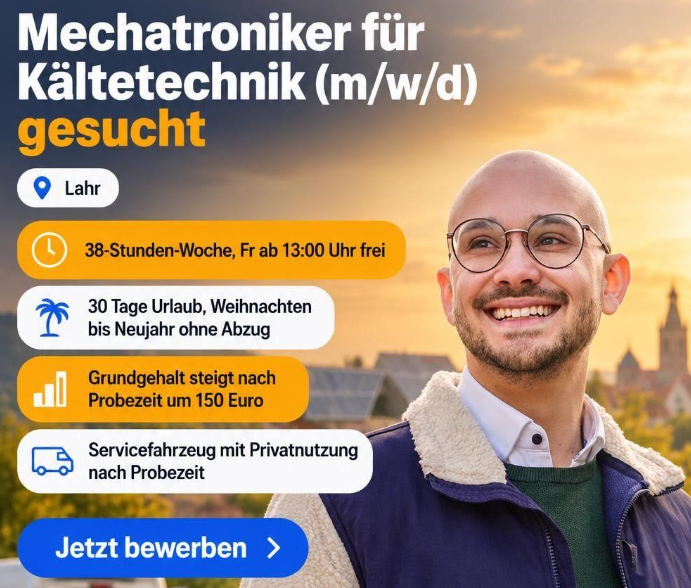 KI-Creative für eine Stelle als Mechatroniker für Kältetechnik mit lächelndem Mann und orange-blauer Bewerbungsanzeige.