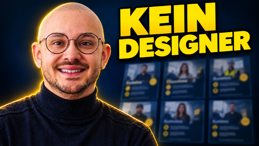 Ein lächelnder Mann vor einer Auswahl digitaler Werbemotive mit der gelben Aufschrift „Kein Designer“; KI-Creatives im Einsatz.
