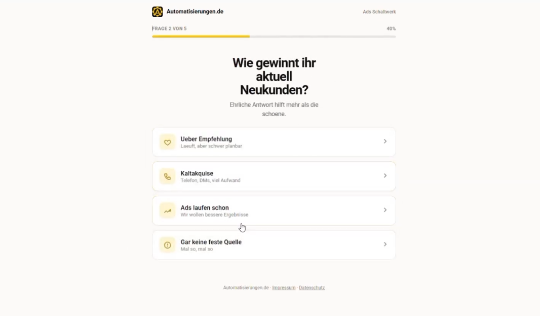 Fragen zur Neukundengewinnung in einem Online-Formular.