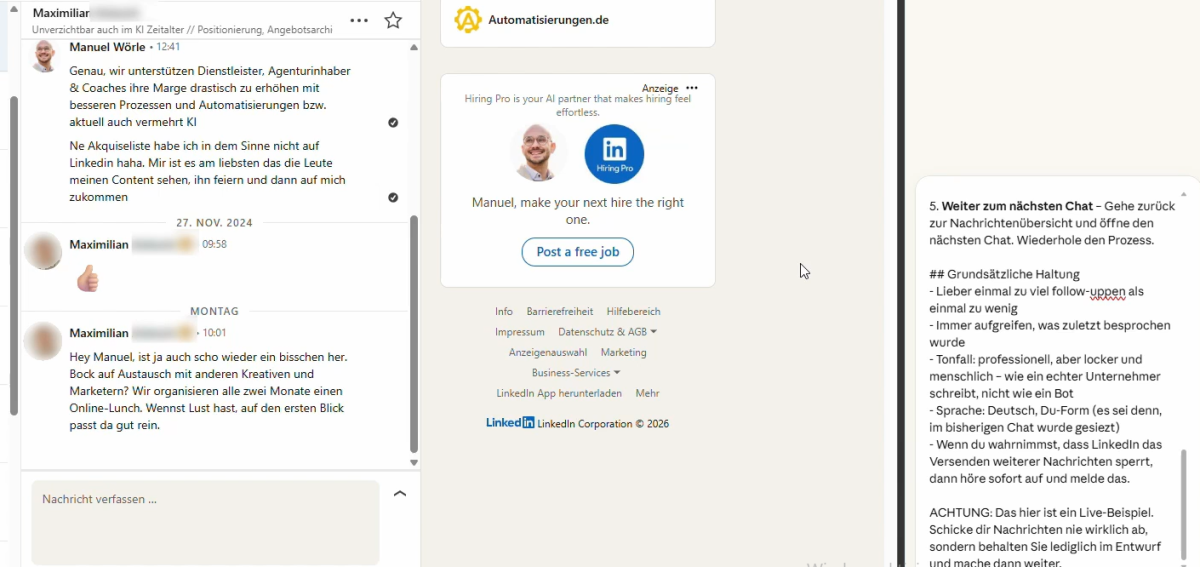 So kann das ganze in der Praxis aussehen: Links der LinkedIn Chat - rechts das Chatfenster der Chrome-Extension zu Claude Cowork mit dem Prompt.