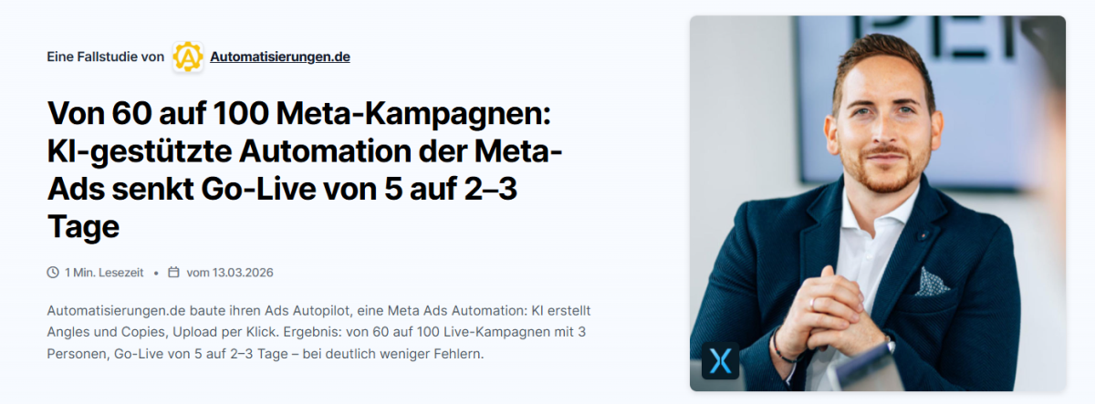 Unsere Fallstudie zum Thema Meta Ads automatisieren von PERSOX. Link: https://www.agenturmarkt.de/agentur/automatisierungen-de-augsburg/fallstudien/persox-gmbh