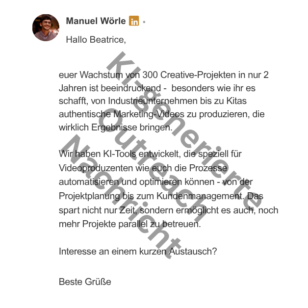 Eine hyperrealistische Outreach-Nachricht in LinkedIn, welche Bezug auf das Profil des Leads nimmt