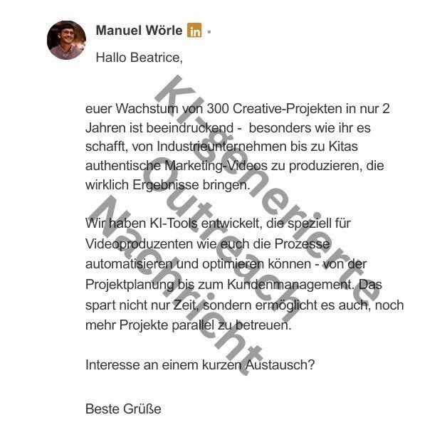 Eine 100% durch KI generierte und versendete Outreach-Nachricht bei LinkedIn, welche Bezug auf das Profil bzw. die Postings des Leads nimmt.