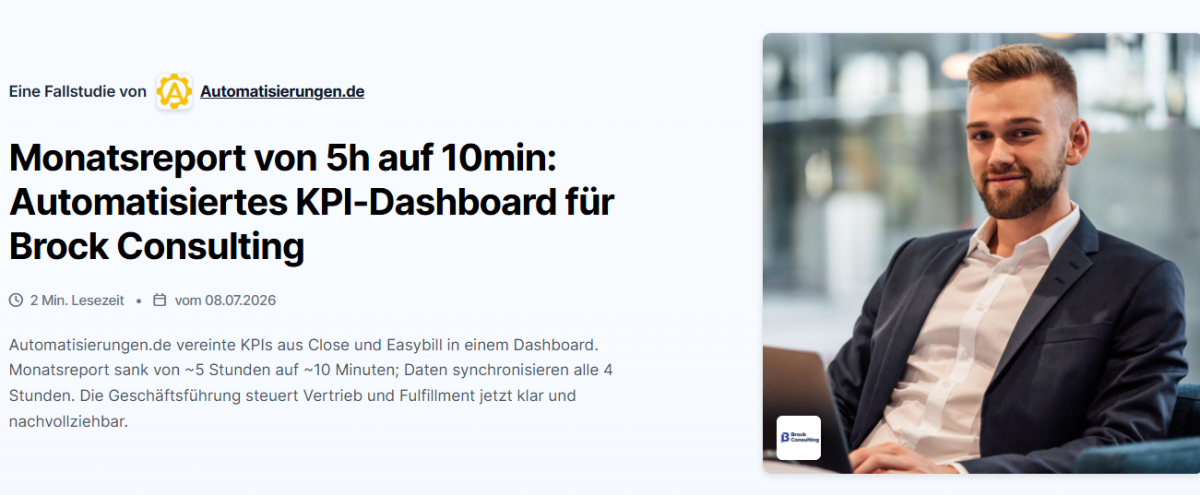 Mann im Anzug betrachtet sein automatisiertes KPI-Dashboard für Brock Consulting.