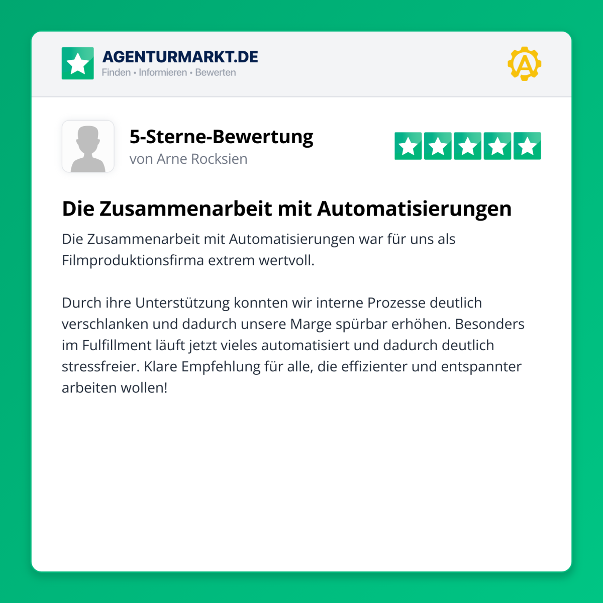 Bewertung von drehgut.de, für welche wir das Projektmanagement von 0 auf eingerichtet haben.