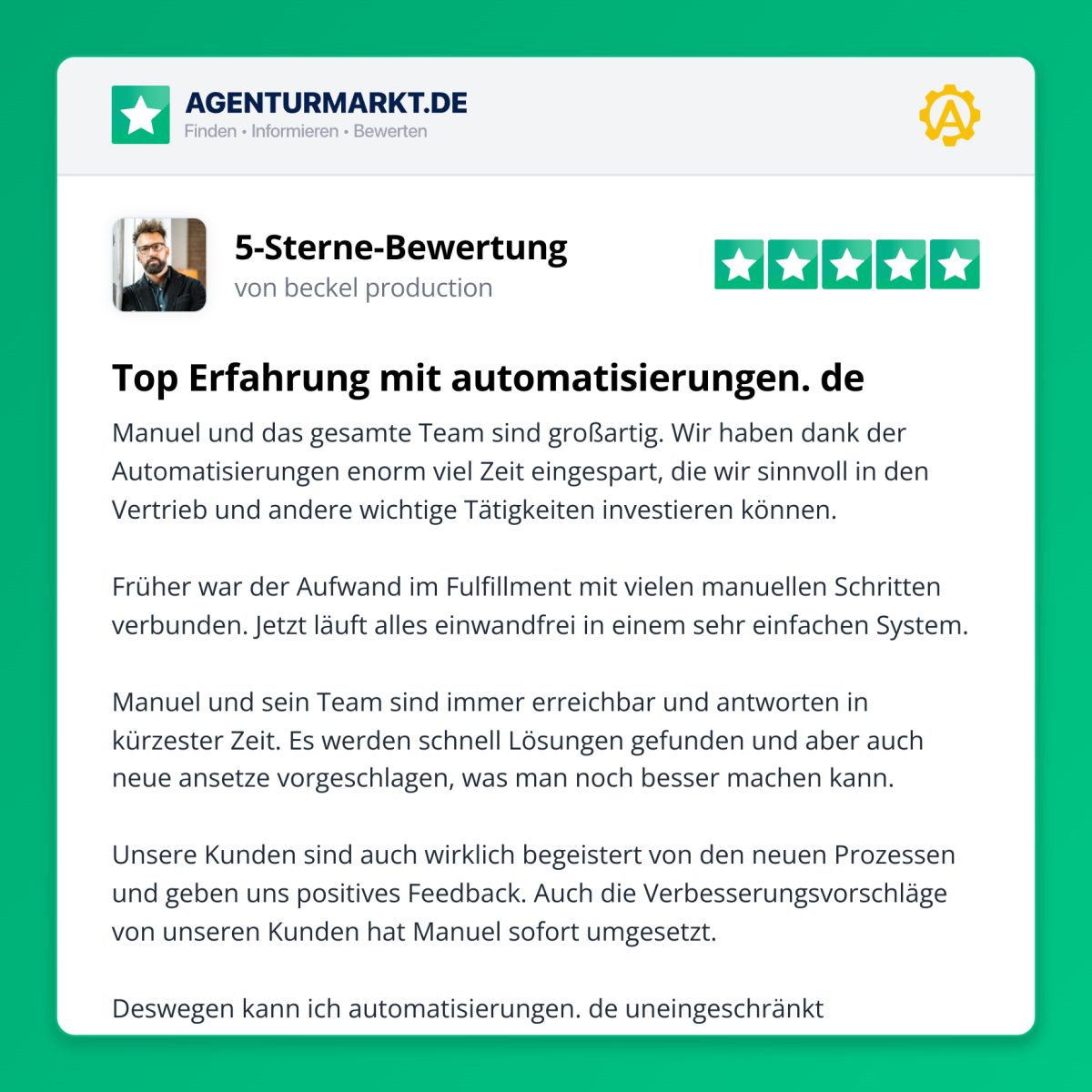 Bewertung von beckelproduction.de, für welche wir ebenfalls das Projektmanagement von 0 auf eingerichtet haben.