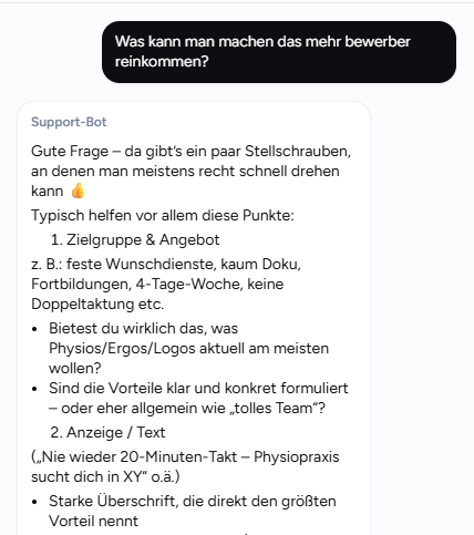 Hier der Ausschnitt einer Konversation eines KI-Support-Agenten. Dieser kann auch per WhatsApp mit Kunden kommunizieren und ggf. zu einem menschlichen Mitarbeiter überleiten.