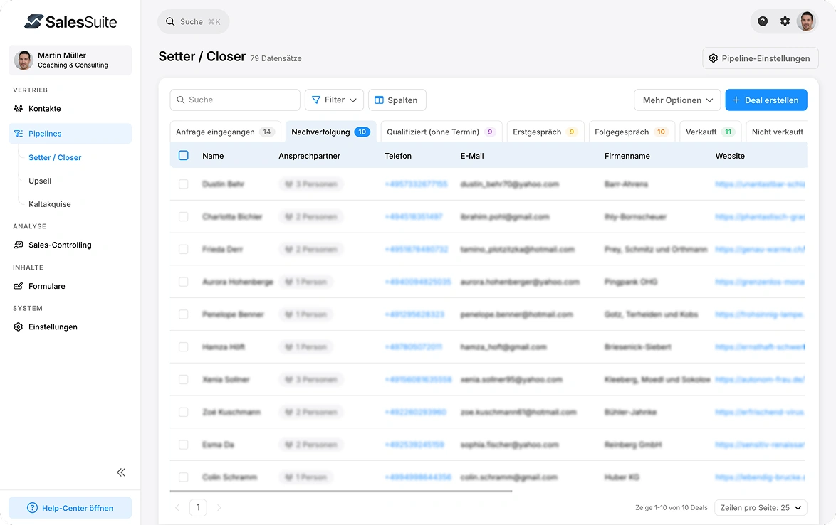Der Grundaufbau von Salessuite: Ein übersichtliches Spaltensystem.