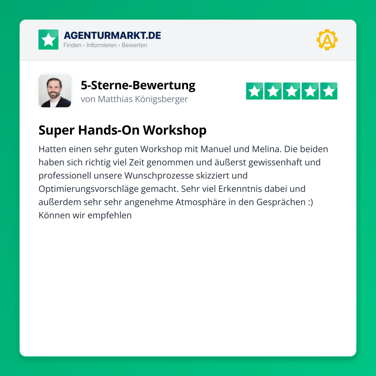 5-Sterne-Bewertung zum Workshop zur KI Beratung mit positiven Erfahrungen.
