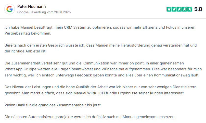 Positive Bewertung von Peter Neumann zur Optimierung seines CRM Systems.