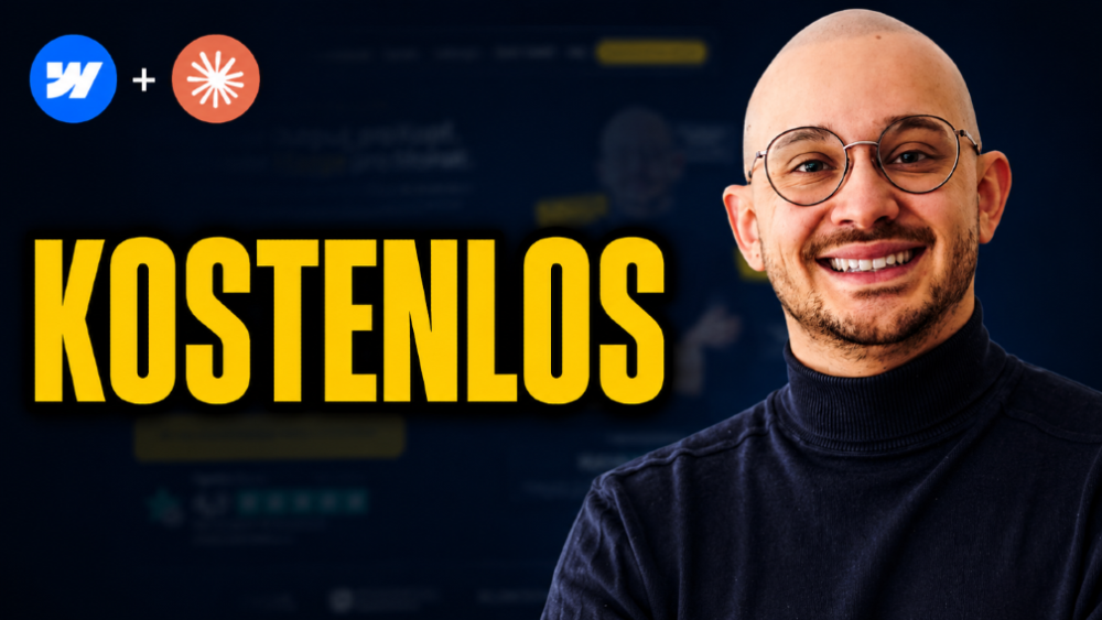 Mann zeigt auf das Wort 'KOSTENLOS' in einem Webdesign-Interface.