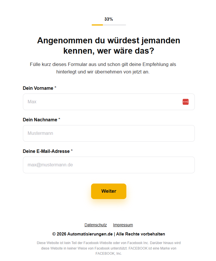 Empfehlungsformular für Automatisierung mit Feldern für Name und E-Mail.