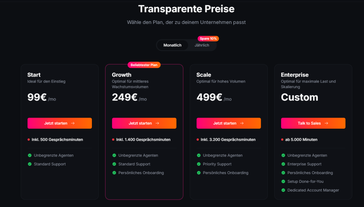 Du bezahlst fair, je nach verbrauchter Minuten. Startest aber mit 15 kostenlosen Freiminuten. Mit Code AUTOMATISIERUNGEN10 sparst du nochmal 10% auf 6 Monate!