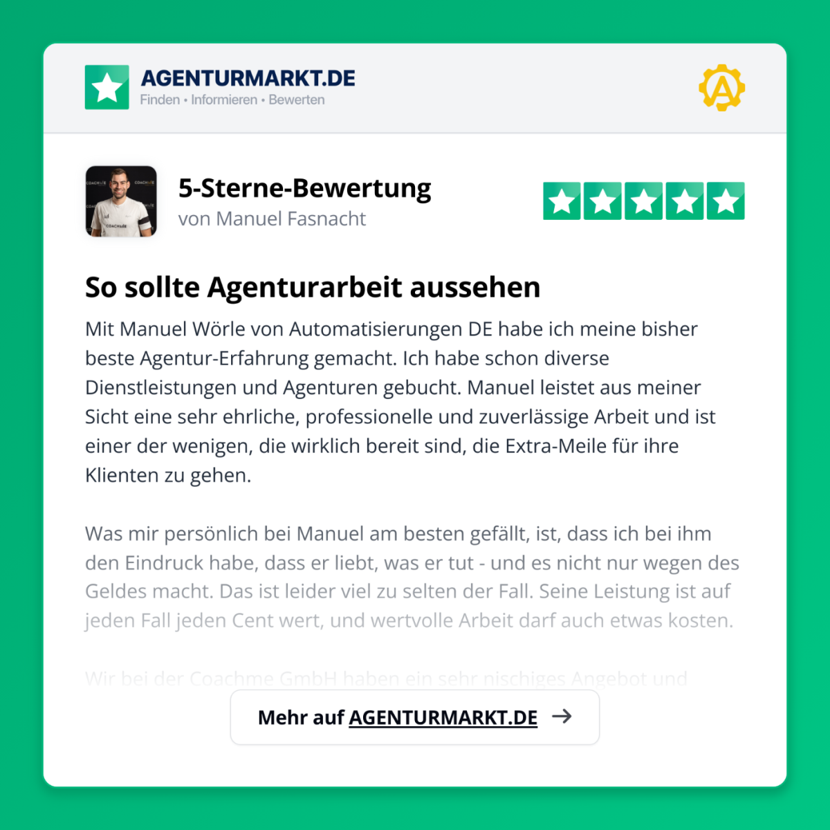 Die Kundenbewertung von Coachme-Gründer Manuel Fasnacht gegenüber Automatisierungen.de