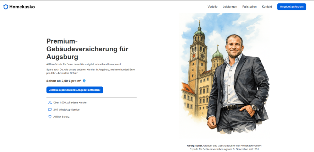 Eine der Local Landingpages am Beispiel von Augsburg. Das Bild von Georg Soller ist immer dasselbe, der Hintergrund hingegen ist dynamisch je nach Standort. In diesem Fall handelt es sich um das Augsburger Rathaus, sowie den Perlachturm.