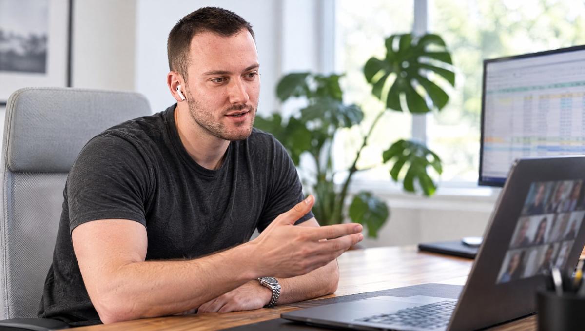Mann im Vertriebsgespräch am Laptop – Kaltakquise Kosten im Blick