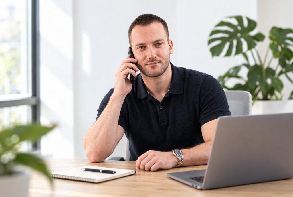 Ein Mann telefoniert am Schreibtisch neben seinem Laptop – eine typische Situation in der B2B Kaltakquise.