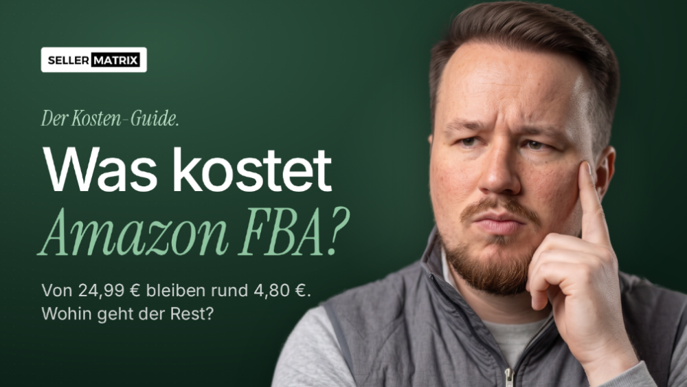 Mann denkt nach über die Amazon FBA Kosten in einem Leitfaden.