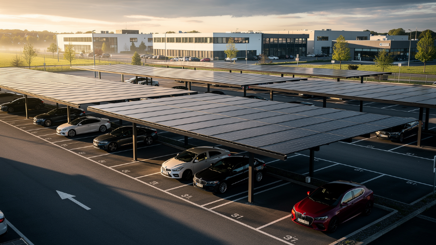 Überdachte Parkplätze mit Solardächern für nachhaltige Energiegewinnung.