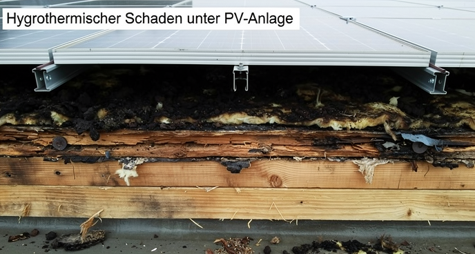 Hygrothermische Schaden an einem Flachdach entstand durch eine PV-Anlage