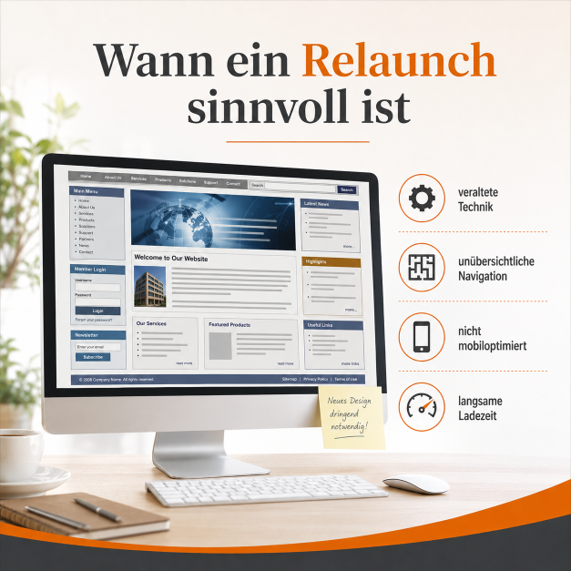 Grafik zeigt, wann ein Website Relaunch sinnvoll ist, mit Beispielen.