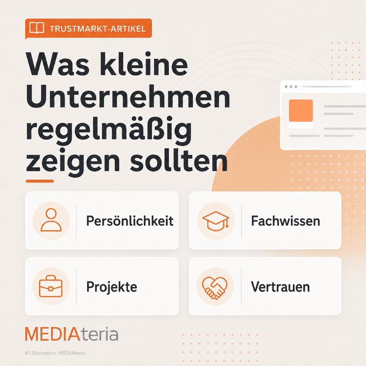 Grafik zeigt, was kleine Unternehmen regelmäßig zeigen sollten: Persönlichkeit, Fachwissen, Projekte und Vertrauen.