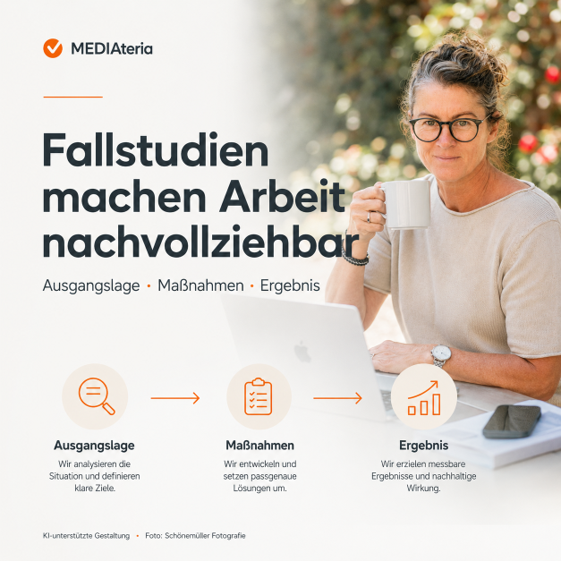 Eine Frau zeigt, wie Fallstudien Arbeit nachvollziehbar machen.