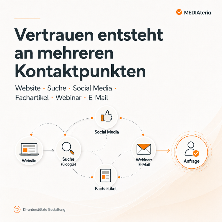 Grafik zeigt, wie Vertrauen an mehreren Kontaktpunkten entsteht, einschließlich Website und Social Media.
