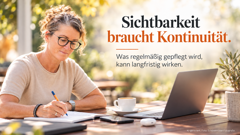Eine Frau notiert Gedanken am Schreibtisch; Sichtbarkeit braucht Kontinuität.