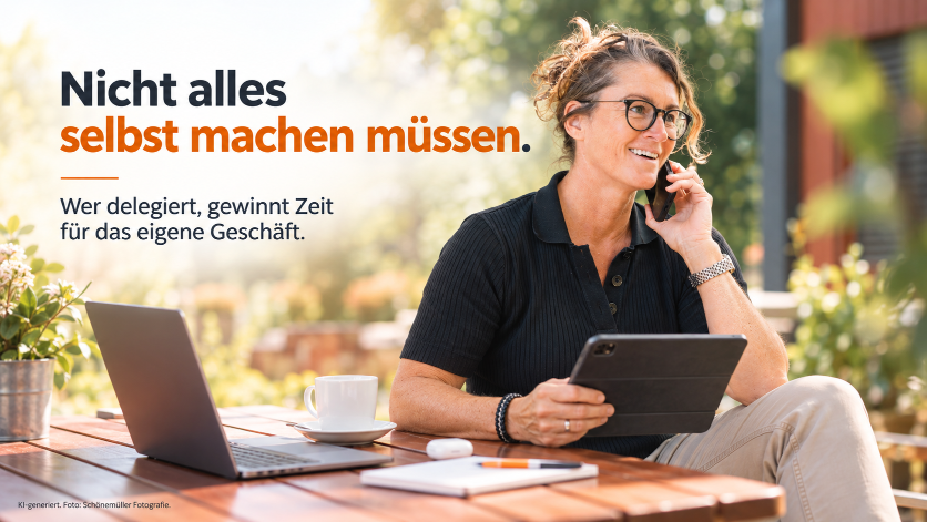 Frau am Tisch mit Tablet und Laptop, die zeigt, wie man Website strategisch weiterentwickeln kann.