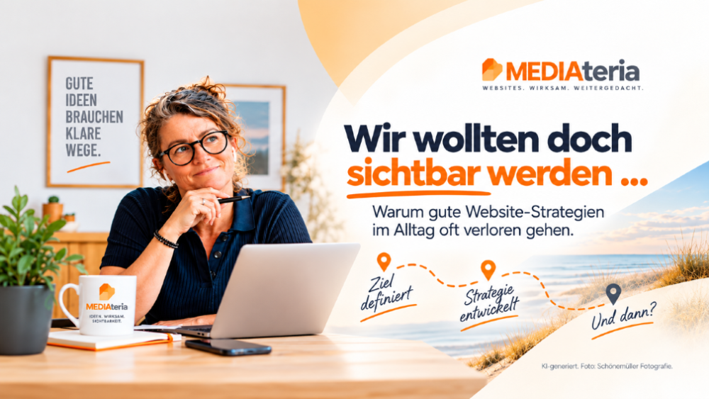 Eine Frau überlegt, wie Sichtbarkeit und Wachstum durch Website-Strategien im Alltag erreicht werden können.