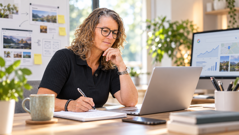 Frau arbeitet konzentriert an ihrem Laptop zu Online-Marketing für kleine Unternehmen.
